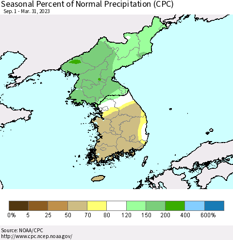 Korea Seasonal Percent of Normal Precipitation (CPC) Thematic Map For 9/1/2022 - 3/31/2023