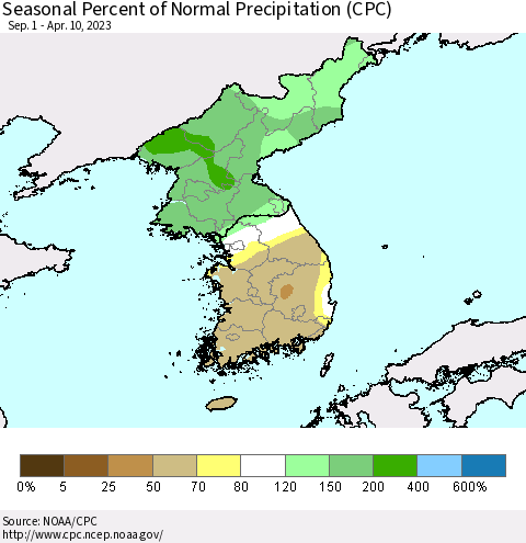 Korea Seasonal Percent of Normal Precipitation (CPC) Thematic Map For 9/1/2022 - 4/10/2023