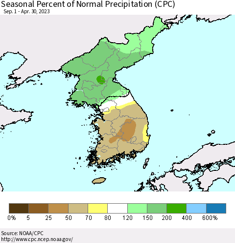 Korea Seasonal Percent of Normal Precipitation (CPC) Thematic Map For 9/1/2022 - 4/30/2023