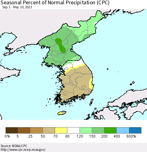 Korea Seasonal Percent of Normal Precipitation (CPC) Thematic Map For 9/1/2022 - 5/10/2023