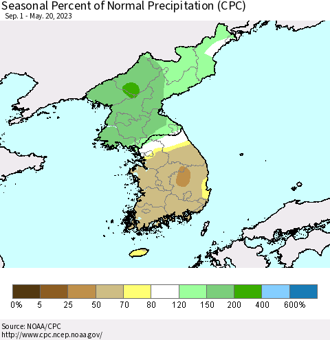 Korea Seasonal Percent of Normal Precipitation (CPC) Thematic Map For 9/1/2022 - 5/20/2023