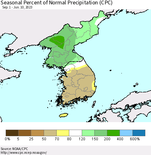 Korea Seasonal Percent of Normal Precipitation (CPC) Thematic Map For 9/1/2022 - 6/10/2023