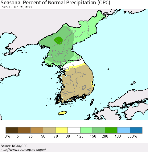 Korea Seasonal Percent of Normal Precipitation (CPC) Thematic Map For 9/1/2022 - 6/20/2023