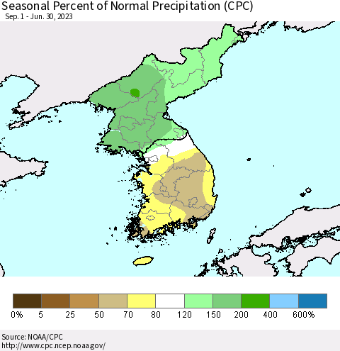 Korea Seasonal Percent of Normal Precipitation (CPC) Thematic Map For 9/1/2022 - 6/30/2023