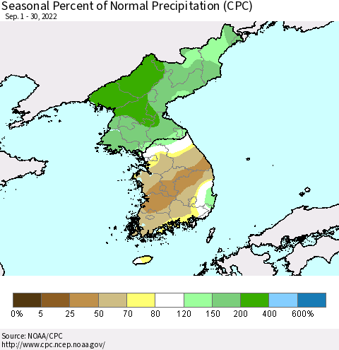 Korea Seasonal Percent of Normal Precipitation (CPC) Thematic Map For 9/1/2022 - 9/30/2022