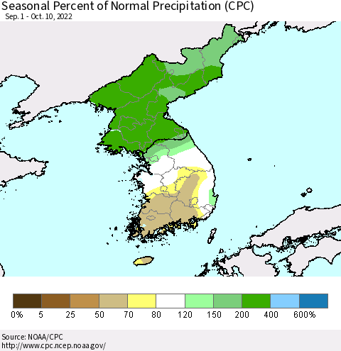 Korea Seasonal Percent of Normal Precipitation (CPC) Thematic Map For 9/1/2022 - 10/10/2022