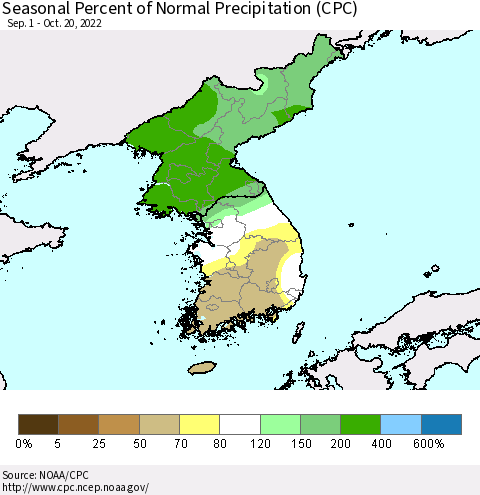 Korea Seasonal Percent of Normal Precipitation (CPC) Thematic Map For 9/1/2022 - 10/20/2022