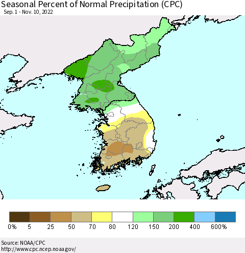 Korea Seasonal Percent of Normal Precipitation (CPC) Thematic Map For 9/1/2022 - 11/10/2022