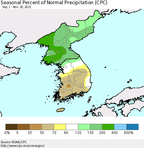 Korea Seasonal Percent of Normal Precipitation (CPC) Thematic Map For 9/1/2022 - 11/20/2022