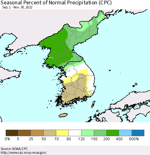 Korea Seasonal Percent of Normal Precipitation (CPC) Thematic Map For 9/1/2022 - 11/30/2022