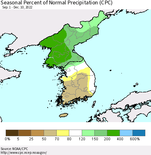 Korea Seasonal Percent of Normal Precipitation (CPC) Thematic Map For 9/1/2022 - 12/10/2022