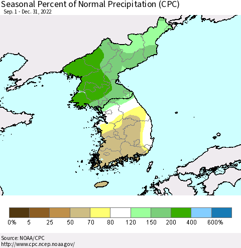 Korea Seasonal Percent of Normal Precipitation (CPC) Thematic Map For 9/1/2022 - 12/31/2022