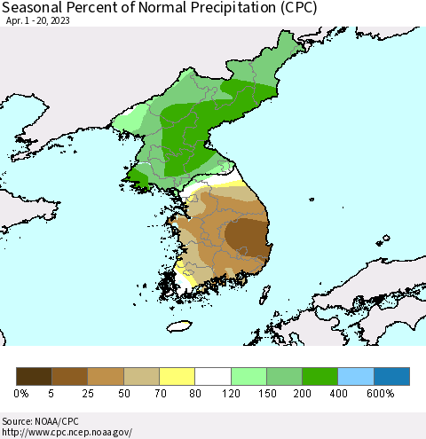 Korea Seasonal Percent of Normal Precipitation (CPC) Thematic Map For 4/1/2023 - 4/20/2023