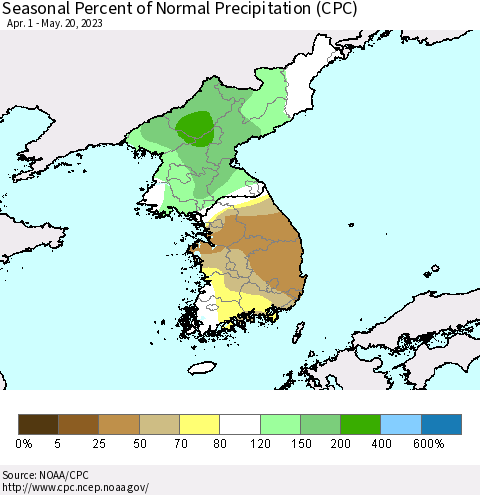Korea Seasonal Percent of Normal Precipitation (CPC) Thematic Map For 4/1/2023 - 5/20/2023