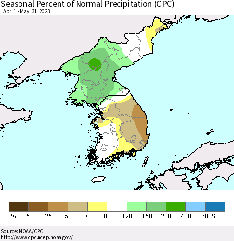 Korea Seasonal Percent of Normal Precipitation (CPC) Thematic Map For 4/1/2023 - 5/31/2023