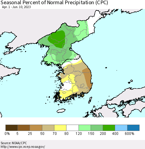 Korea Seasonal Percent of Normal Precipitation (CPC) Thematic Map For 4/1/2023 - 6/10/2023