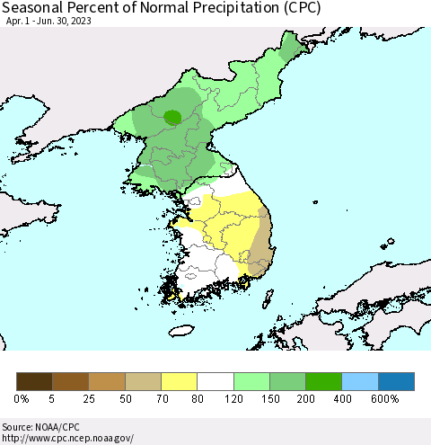 Korea Seasonal Percent of Normal Precipitation (CPC) Thematic Map For 4/1/2023 - 6/30/2023