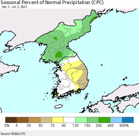Korea Seasonal Percent of Normal Precipitation (CPC) Thematic Map For 4/1/2023 - 7/5/2023