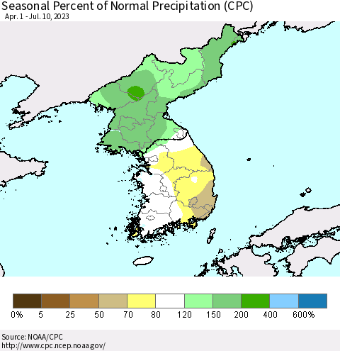 Korea Seasonal Percent of Normal Precipitation (CPC) Thematic Map For 4/1/2023 - 7/10/2023