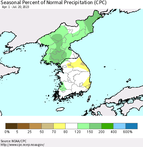 Korea Seasonal Percent of Normal Precipitation (CPC) Thematic Map For 4/1/2023 - 7/20/2023