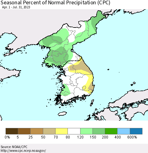 Korea Seasonal Percent of Normal Precipitation (CPC) Thematic Map For 4/1/2023 - 7/31/2023