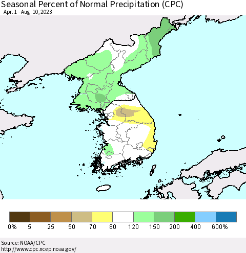 Korea Seasonal Percent of Normal Precipitation (CPC) Thematic Map For 4/1/2023 - 8/10/2023
