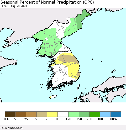 Korea Seasonal Percent of Normal Precipitation (CPC) Thematic Map For 4/1/2023 - 8/20/2023
