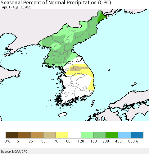 Korea Seasonal Percent of Normal Precipitation (CPC) Thematic Map For 4/1/2023 - 8/31/2023