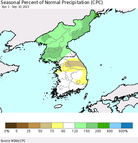Korea Seasonal Percent of Normal Precipitation (CPC) Thematic Map For 4/1/2023 - 9/10/2023