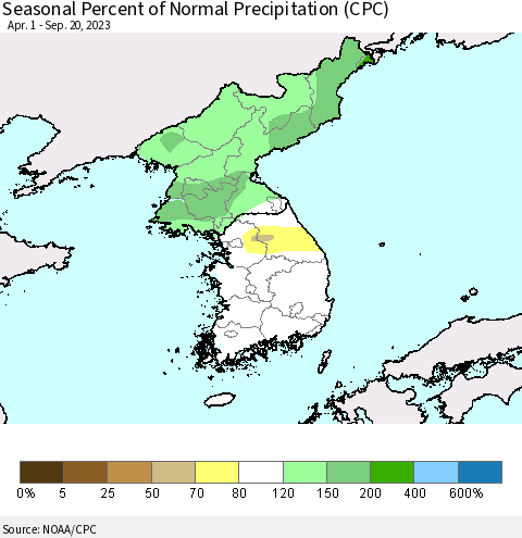 Korea Seasonal Percent of Normal Precipitation (CPC) Thematic Map For 4/1/2023 - 9/20/2023