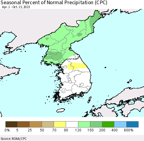 Korea Seasonal Percent of Normal Precipitation (CPC) Thematic Map For 4/1/2023 - 10/15/2023