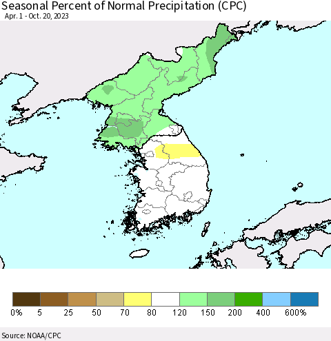 Korea Seasonal Percent of Normal Precipitation (CPC) Thematic Map For 4/1/2023 - 10/20/2023