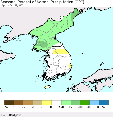Korea Seasonal Percent of Normal Precipitation (CPC) Thematic Map For 4/1/2023 - 10/31/2023