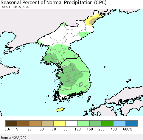 Korea Seasonal Percent of Normal Precipitation (CPC) Thematic Map For 9/1/2023 - 1/5/2024
