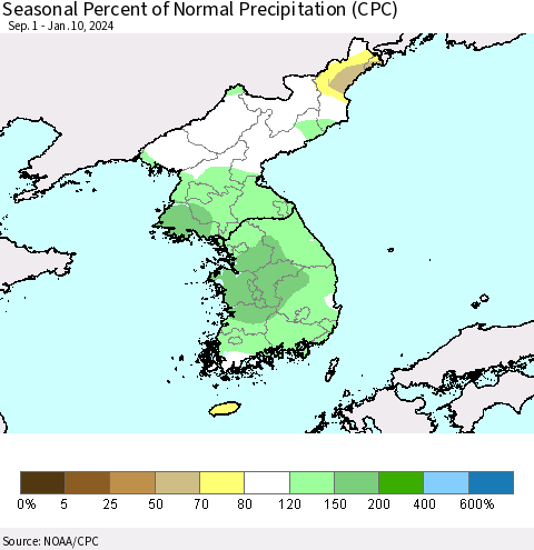 Korea Seasonal Percent of Normal Precipitation (CPC) Thematic Map For 9/1/2023 - 1/10/2024