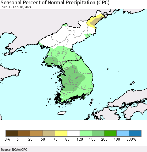 Korea Seasonal Percent of Normal Precipitation (CPC) Thematic Map For 9/1/2023 - 2/10/2024