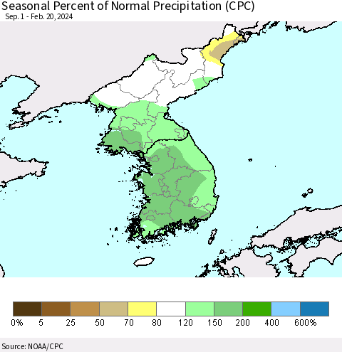 Korea Seasonal Percent of Normal Precipitation (CPC) Thematic Map For 9/1/2023 - 2/20/2024