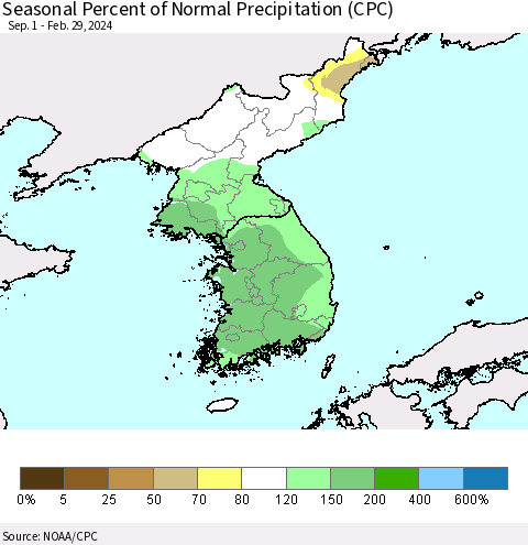 Korea Seasonal Percent of Normal Precipitation (CPC) Thematic Map For 9/1/2023 - 2/29/2024