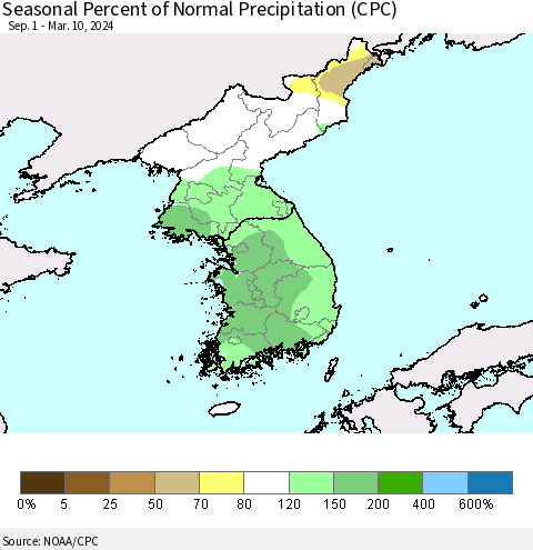 Korea Seasonal Percent of Normal Precipitation (CPC) Thematic Map For 9/1/2023 - 3/10/2024