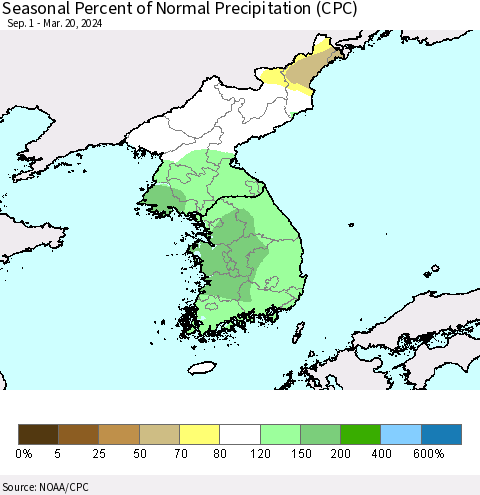 Korea Seasonal Percent of Normal Precipitation (CPC) Thematic Map For 9/1/2023 - 3/20/2024