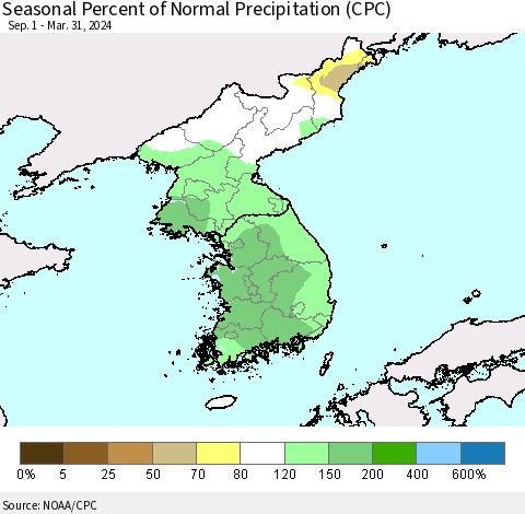 Korea Seasonal Percent of Normal Precipitation (CPC) Thematic Map For 9/1/2023 - 3/31/2024