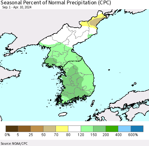 Korea Seasonal Percent of Normal Precipitation (CPC) Thematic Map For 9/1/2023 - 4/10/2024
