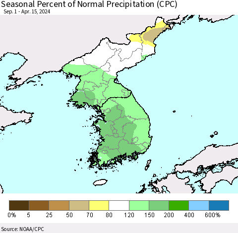 Korea Seasonal Percent of Normal Precipitation (CPC) Thematic Map For 9/1/2023 - 4/15/2024
