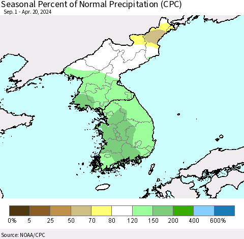 Korea Seasonal Percent of Normal Precipitation (CPC) Thematic Map For 9/1/2023 - 4/20/2024