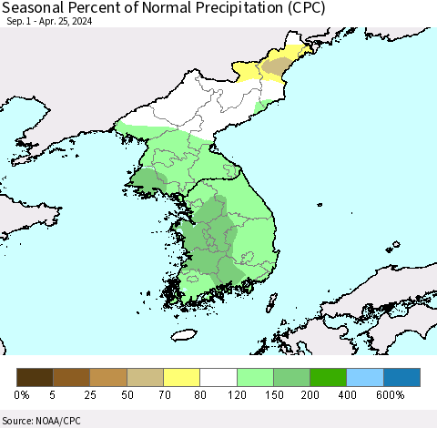 Korea Seasonal Percent of Normal Precipitation (CPC) Thematic Map For 9/1/2023 - 4/25/2024