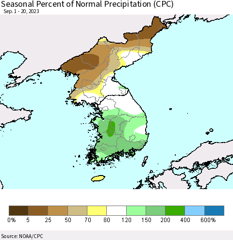 Korea Seasonal Percent of Normal Precipitation (CPC) Thematic Map For 9/1/2023 - 9/20/2023