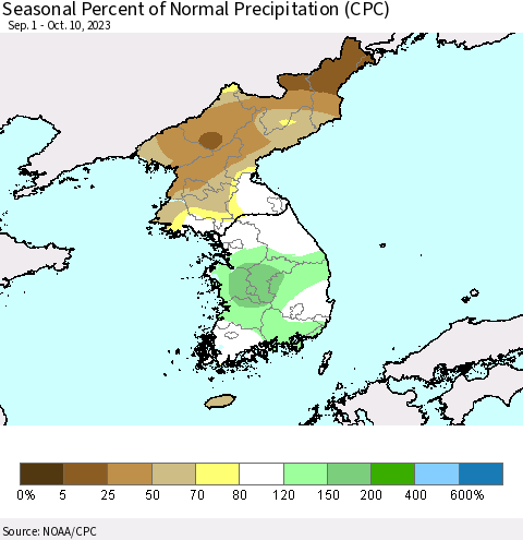 Korea Seasonal Percent of Normal Precipitation (CPC) Thematic Map For 9/1/2023 - 10/10/2023