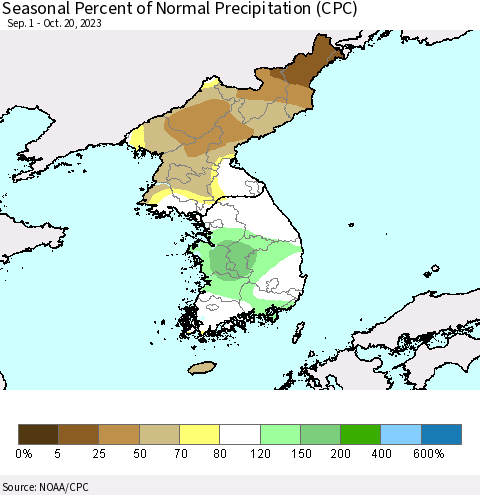 Korea Seasonal Percent of Normal Precipitation (CPC) Thematic Map For 9/1/2023 - 10/20/2023
