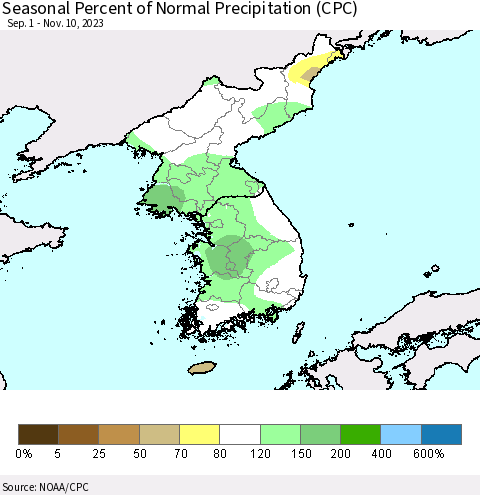 Korea Seasonal Percent of Normal Precipitation (CPC) Thematic Map For 9/1/2023 - 11/10/2023