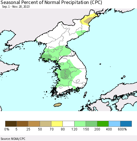 Korea Seasonal Percent of Normal Precipitation (CPC) Thematic Map For 9/1/2023 - 11/20/2023